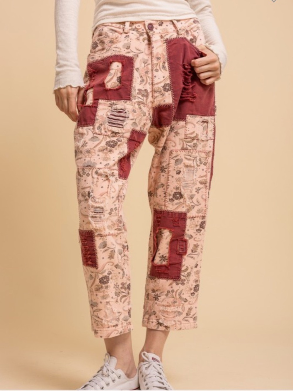 NWT BlueVelvet Floral Patchwork Distressed Cropped Pants Pink Rust Boho S/M